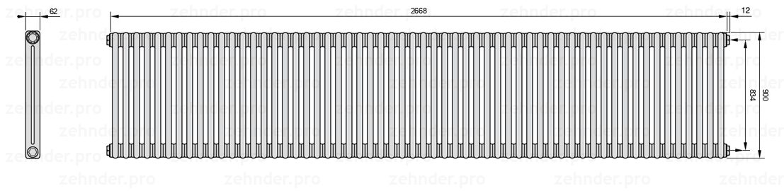 Схема (чертеж) Радиатор Zehnder Charleston 2090/58 №7610 Белый глянцевый RAL 9016